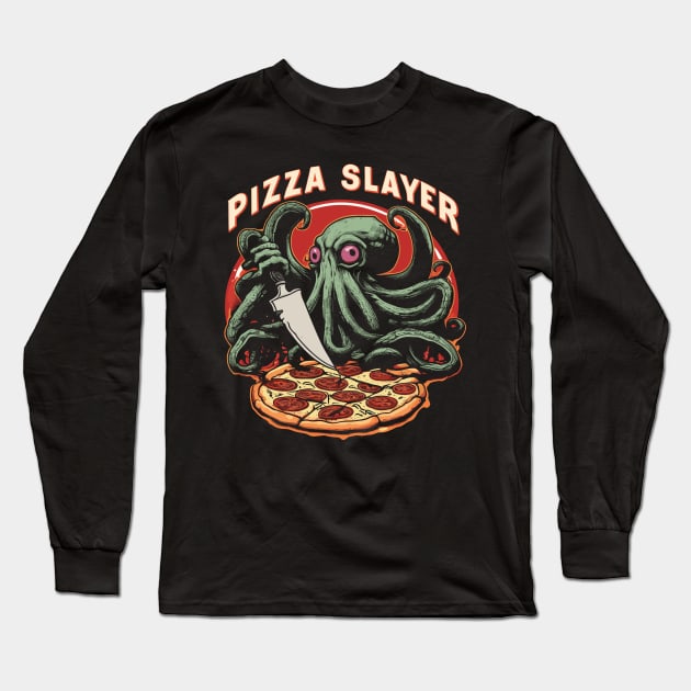 Pizza slayer horror lovecraft octopus cthulu Long Sleeve T-Shirt by Ravenglow